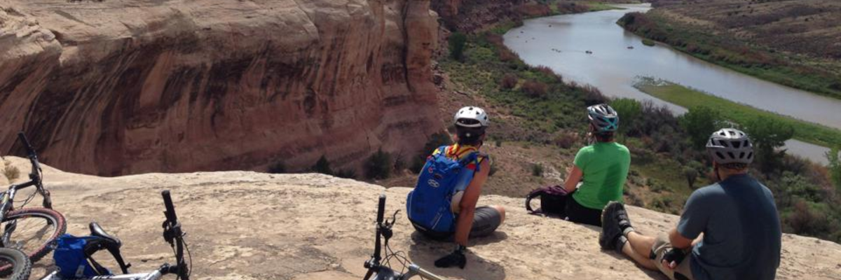 A group of mountain bikers overlooking the Fruita desert